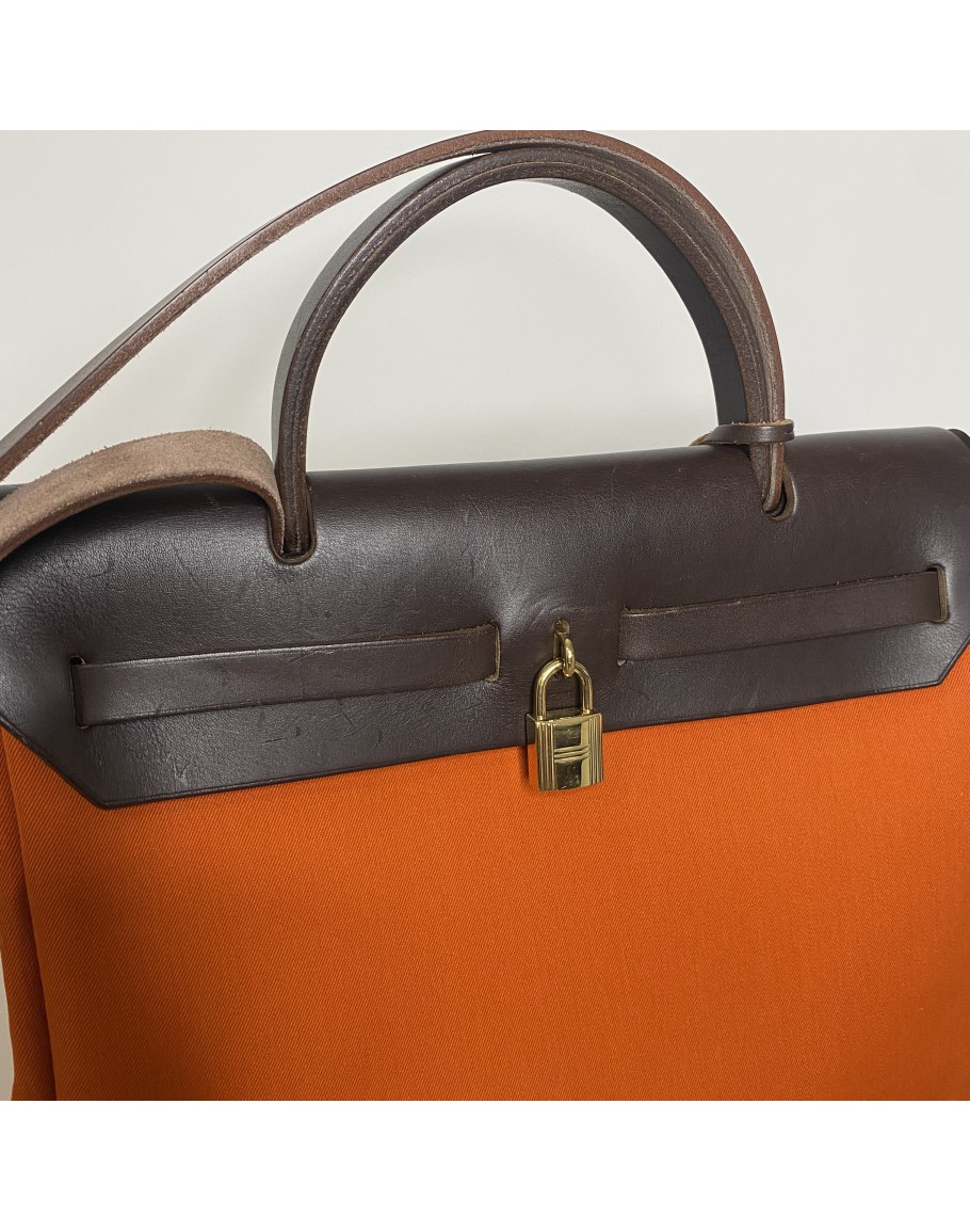 HERMES Herbag PM 31 2 in 1 Orange Canvas with Dark Brown